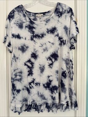Style & Co. White and Navy Tie-Dye Short Sleeve Ruffle Hem Top